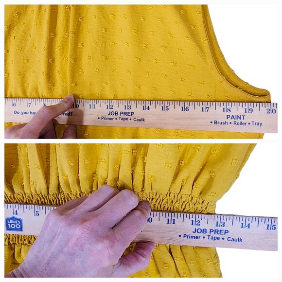 Veronica M. Mini Dress L Women Mustard Yellow Swiss Dot Ruched Ruffle Sleeveless - Picture 4 of 15